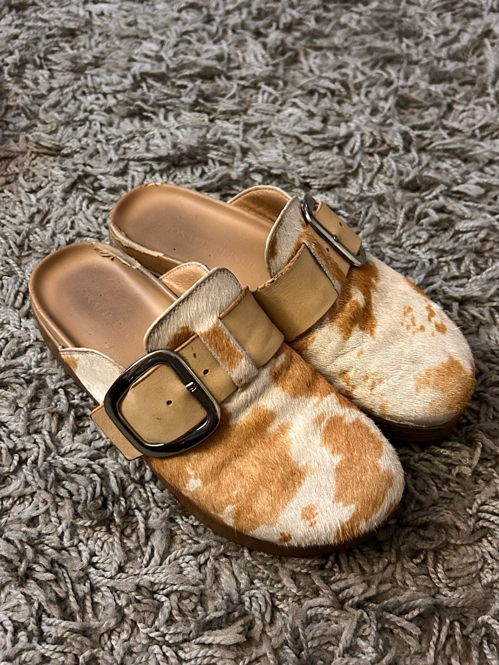 Donald Pliner Cowhide Print Slip-On Clog with Buckle - Tan/White